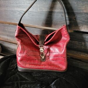 Dooney & Bourke Logo Lock Deep Red Croc Leather Large Hobo Shoulder Bag
